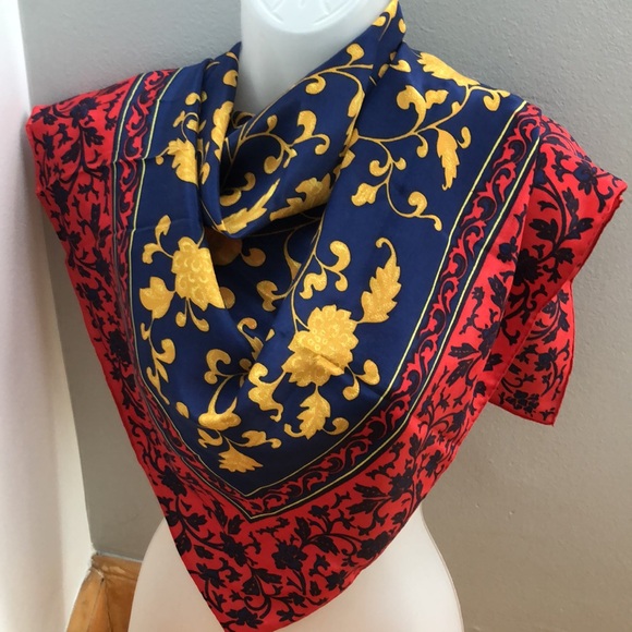 Lillian Venon Silk scarf in a classic floral design in navy blue, red and gold - Picture 1 of 14